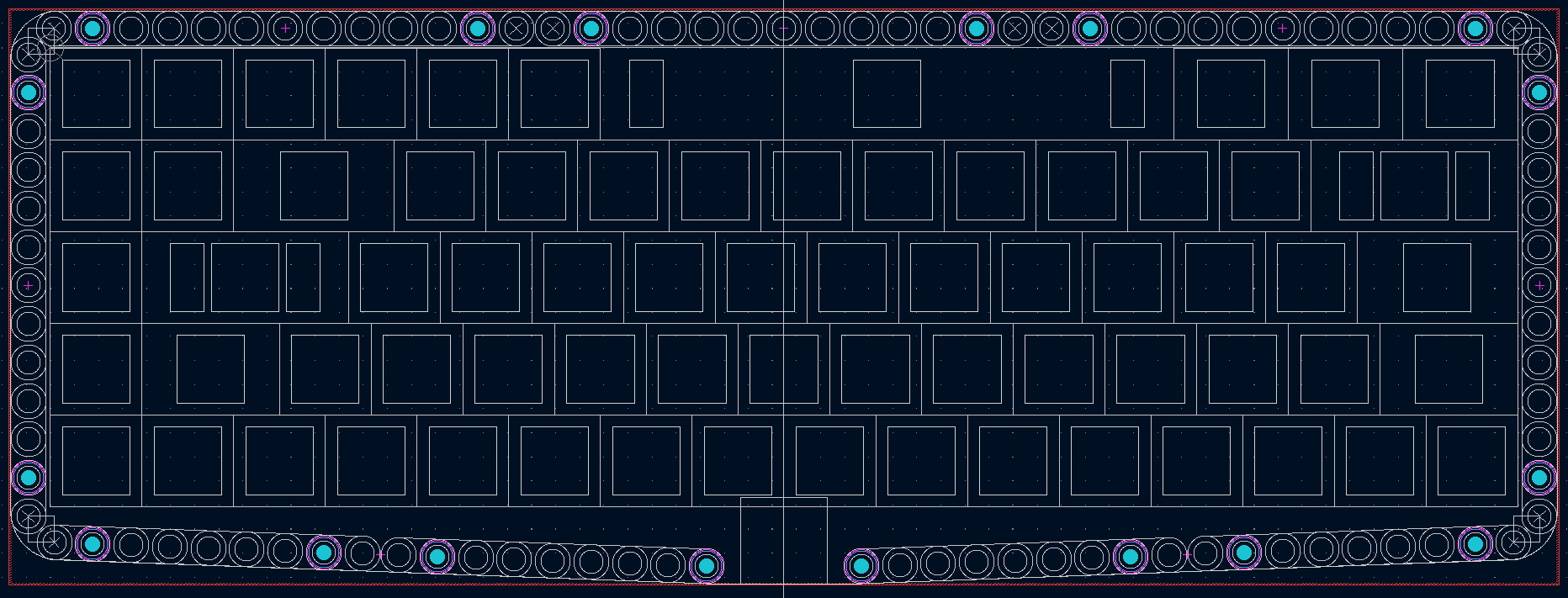 a screenshot of the keyswitch mounting plate design in KiCad, showing the lego beam outlines and other scaffolding i used to get everything in the right place